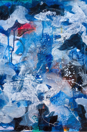 blue abstract painting pop of red